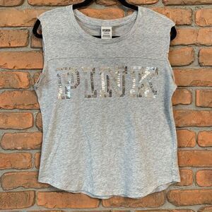 PINK Victoria's Secret Women Small Tank Top Gray Silver Muscle Sequin Logo Bling